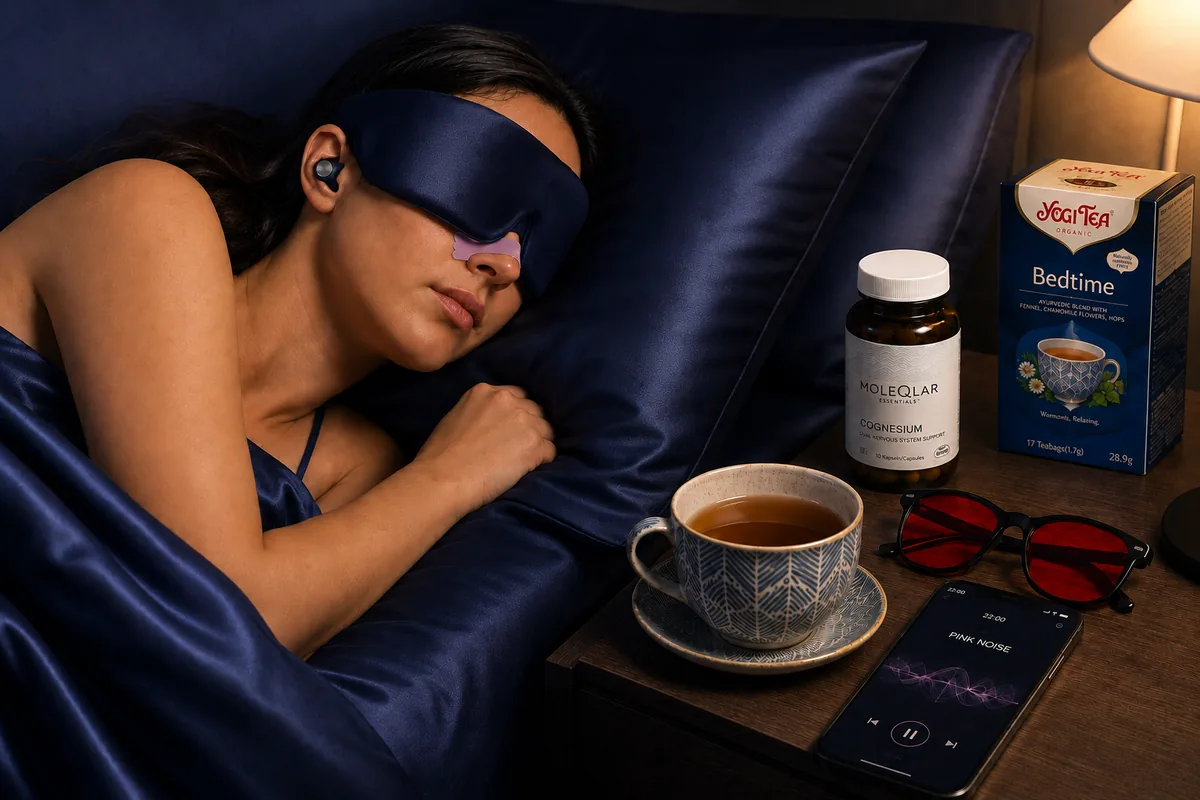 Ritual nocturno de SleepKit: antifaz, tiras nasales, cinta bucal, tapones, infusión, Cognesium y spray de almohada en la mesita de noche.